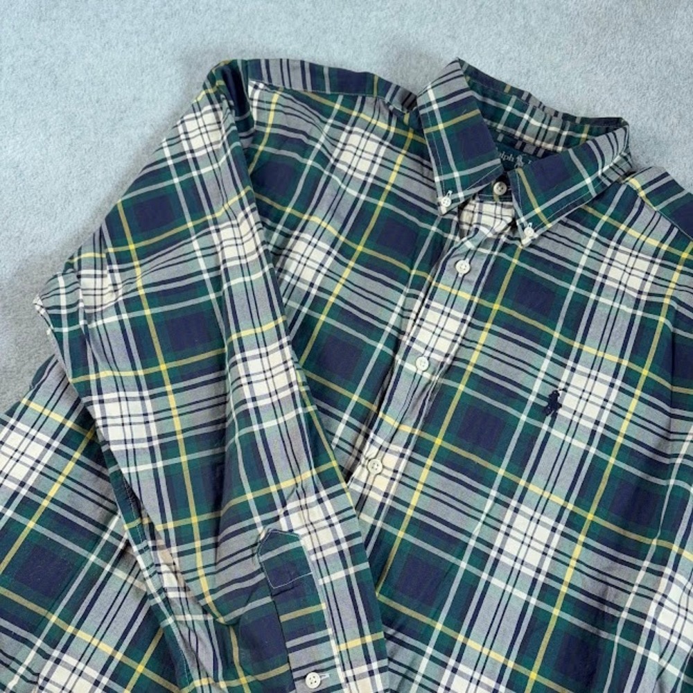 Ralph Lauren Button Down Shirt Mens L Green Blue Plaid Classic Fit Long Sleeve